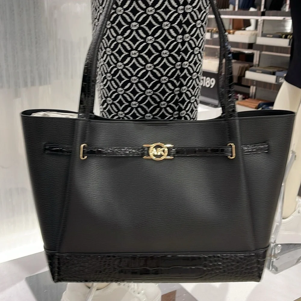 MICHAEL KORS Reed Large Leather Belted Satchel Shoulder Handbag  Black Crocodile